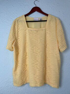Alfred Dunner Women's Lemon Yellow Dimensional Knit Top Short Sleeve Size XL 192